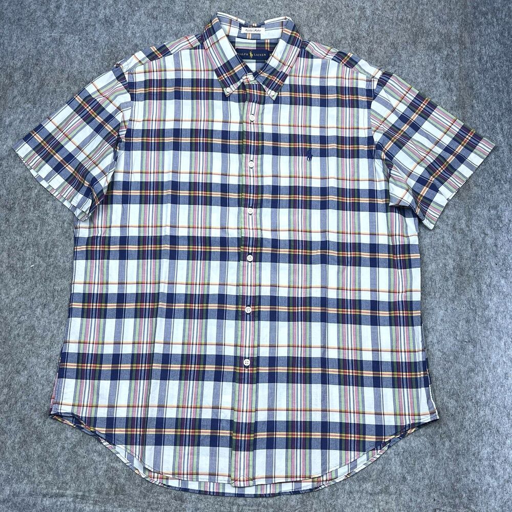 Ralph Lauren Men's Button Down Shirt Blue Bleeding Madras Tartan Plaid Size XL